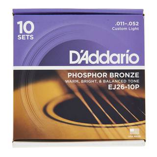 D'Addario EJ26-10PQS Phosphor Bronze Custom Light 10-Pack 11-52