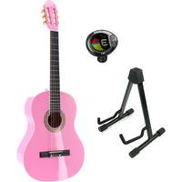 LaPaz 002 PI klassieke gitaar 4/4-formaat roze + statief + stemapparaat
