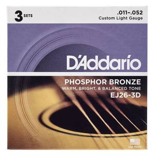 D'Addario EJ26-3D Phosphor Bronze Custom Light 3-Pack 11-52