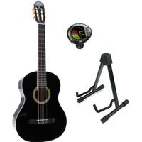 LaPaz 002 BK klassieke gitaar 4/4-formaat zwart + statief + stemapparaat