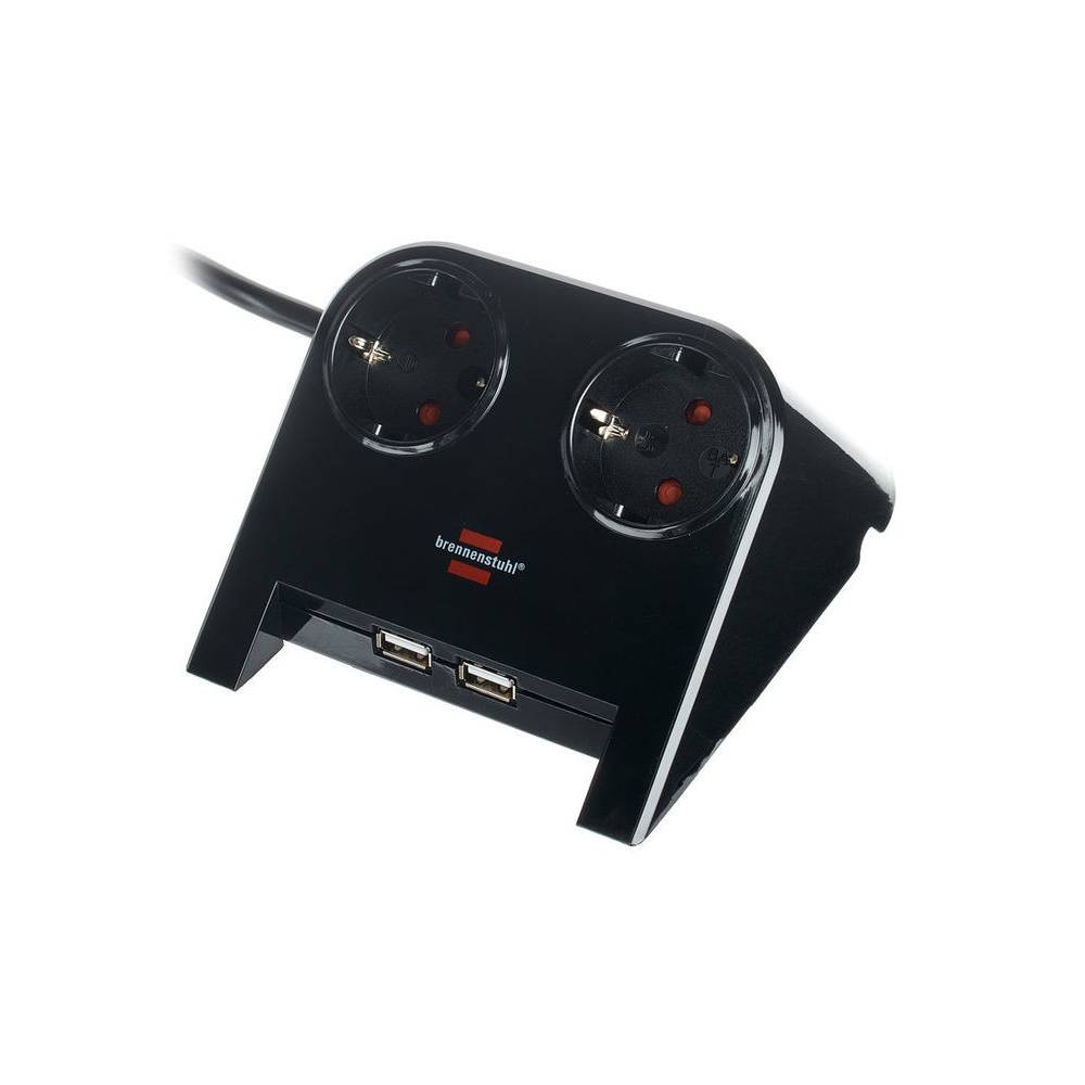Brennenstuhl Desktop-Power 1153500222 hoekstekker met 2 stopcontacten en 2x USB zwart