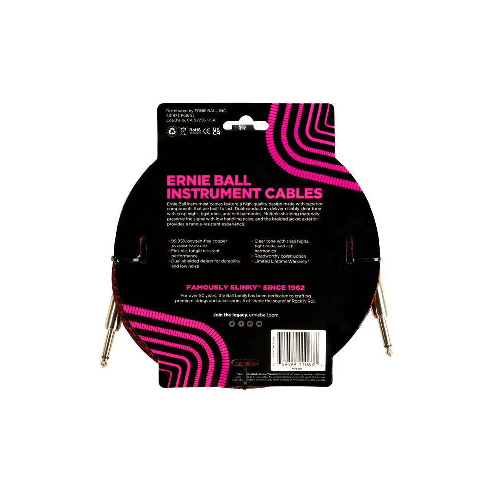 Ernie Ball 578897 braided instrument cable 3 meter rood